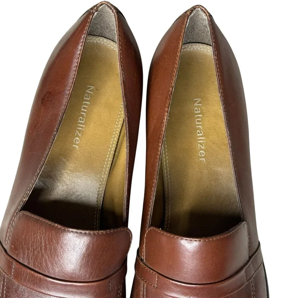 Naturalizer Womens Leather Loafers Block Heel Slip On Shoes Brown 9.5